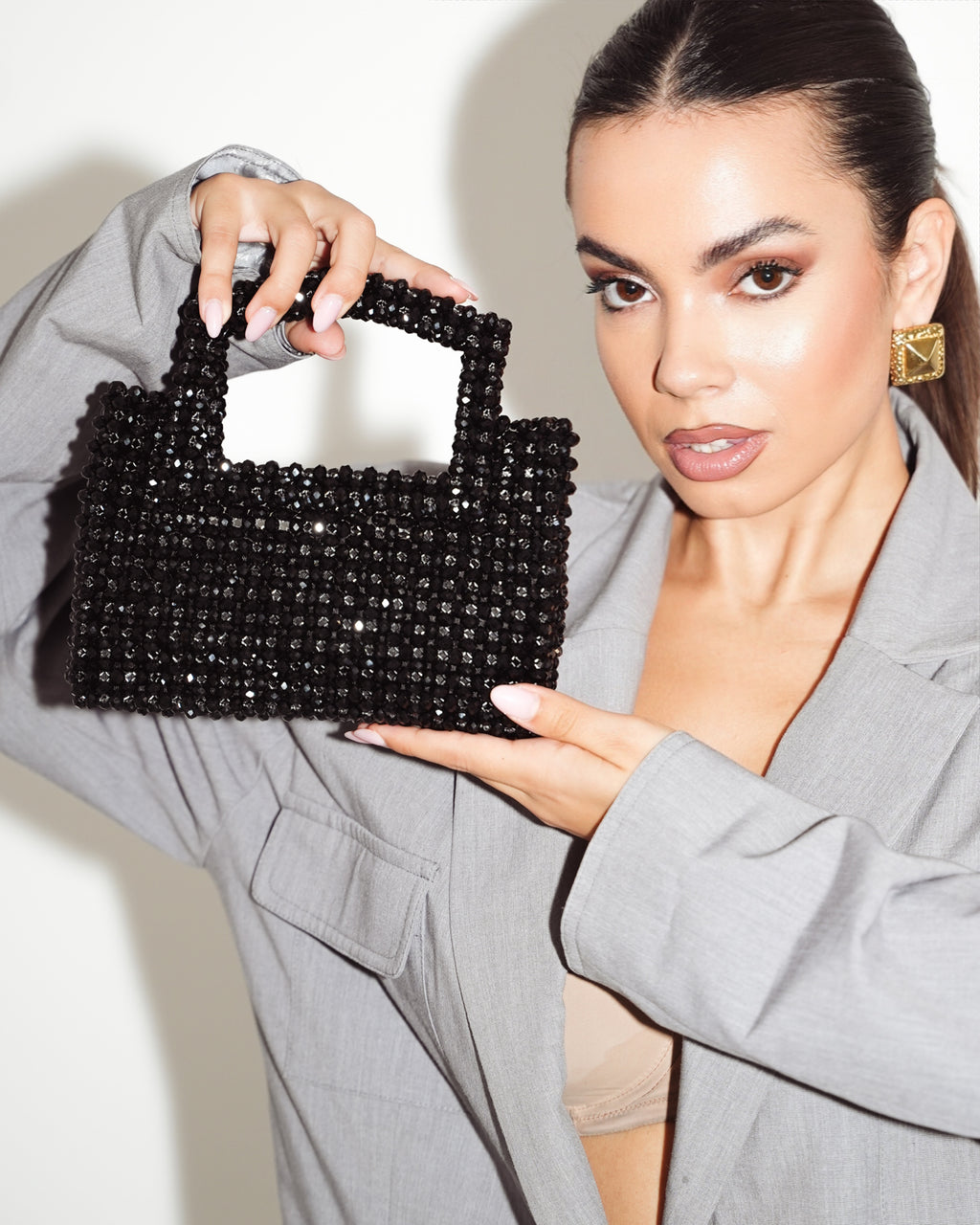 Μαύρη κρυστάλλινη τετράγωνη τσάντα