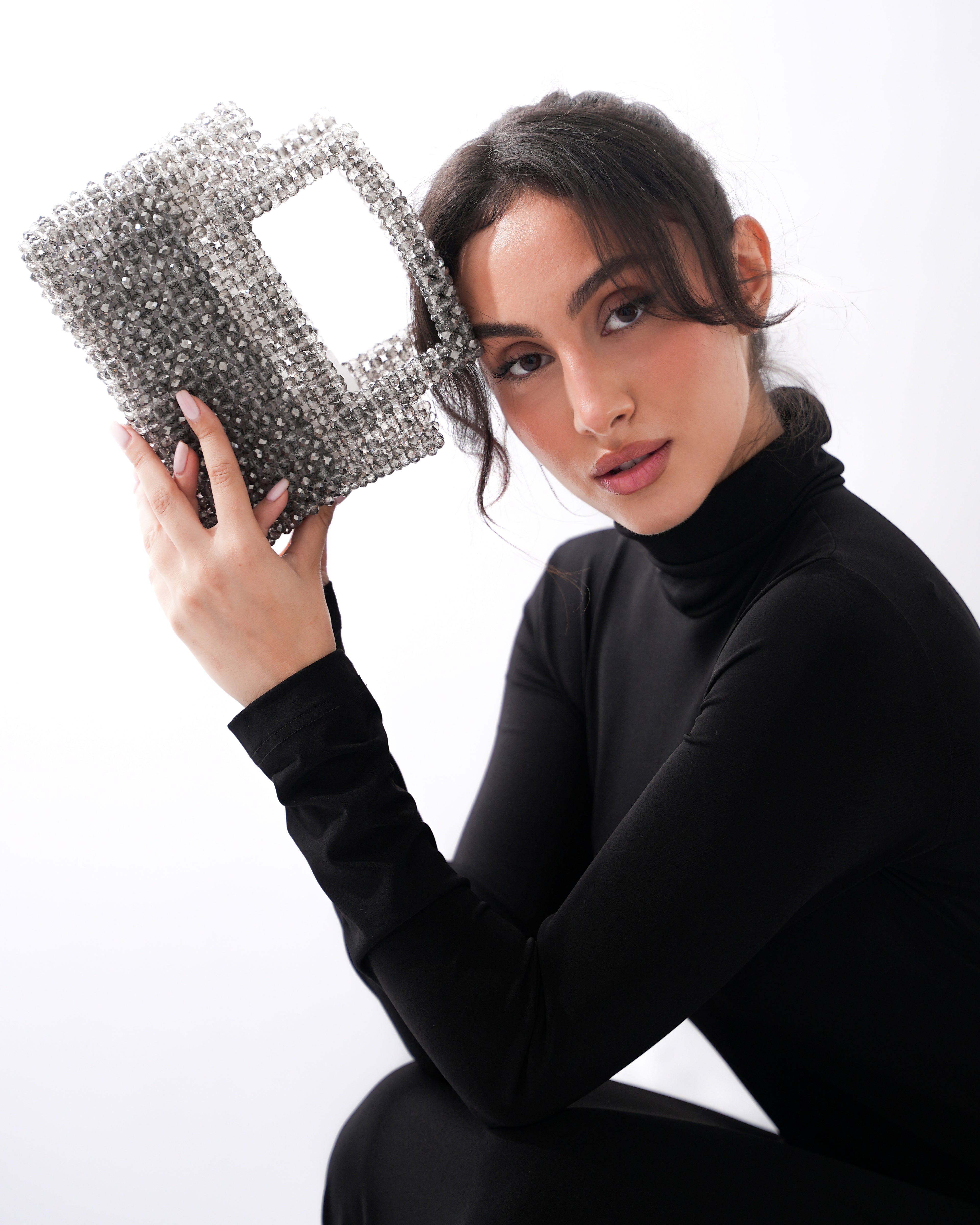 Γκρι κρυστάλλινη τετράγωνη τσάντα